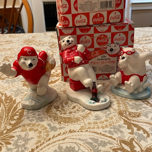 3 Coca cola ceramic polar bear figurines -fishing, football, swimming 1990s NIB - Picture 1 of 10